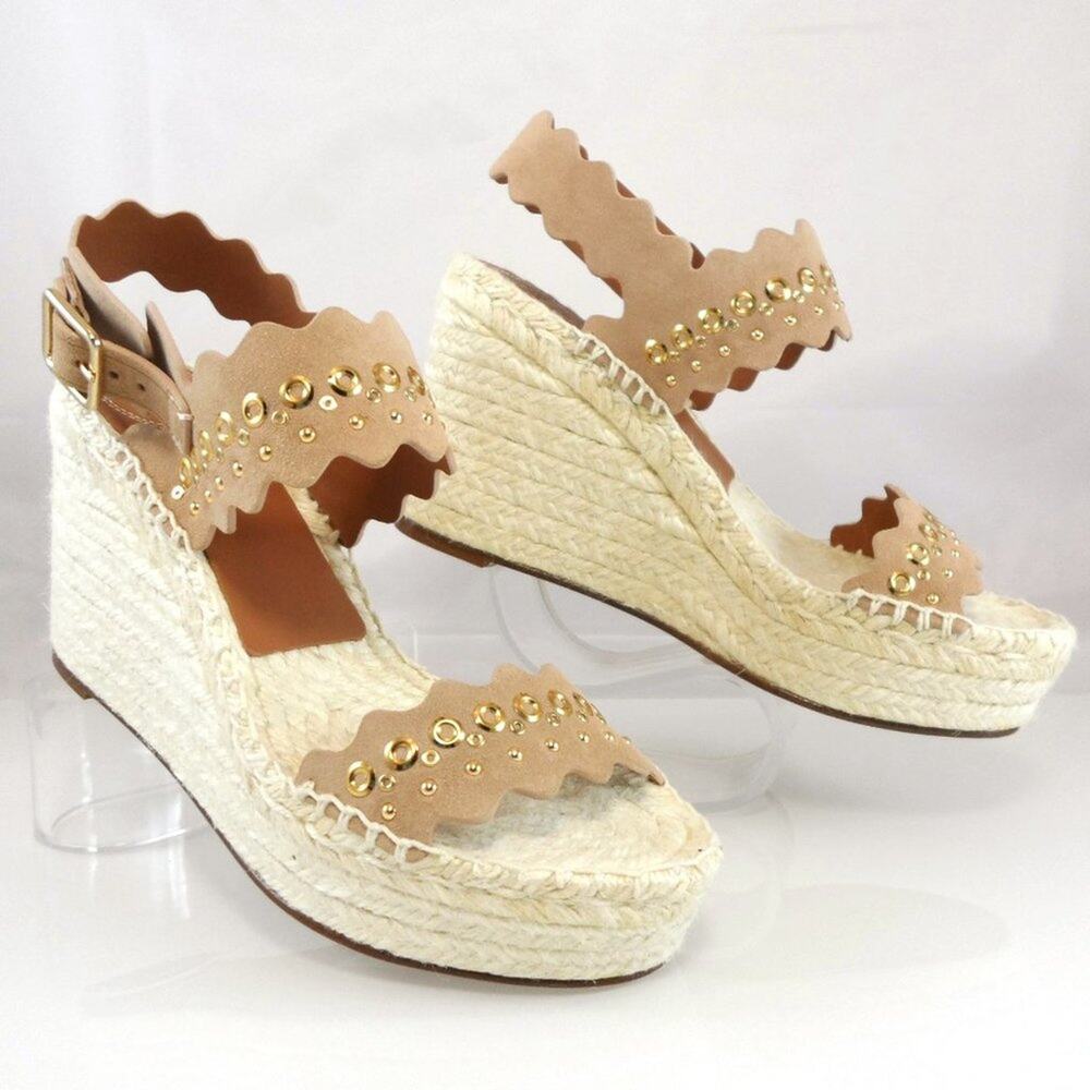 NIB$795 CHLOE Lauren Suede Scalloped Studs Espadrille Platform Wedge Sandals 38